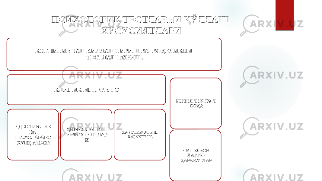 ПСИХОЛОГИК ТЕСТЛАРНИ ҚЎЛЛАШ ХУСУСИЯТЛАРИ КОГНИТИВ ТАШКИЛЛАШТИРИШ ВА ВОҚЕЛИКНИ ТЕСТЛАШТИРИШ. КЛИНИК ИНТЕРВЬЮ ИДЕНТИКЛИК ВА ШАХСЛАРАРО ХУЛҚ-АТВОР. ҲИМОЯЛАНИШ ИМКОНИЯТЛАР И ХАВОТИРЛАНИШ ХАРАКТЕРИ. ИНТЕЛЛЕКТУАЛ СОҲА ИМПУЛЬСВ ХАТТИ- ҲАРАКАТЛАР 