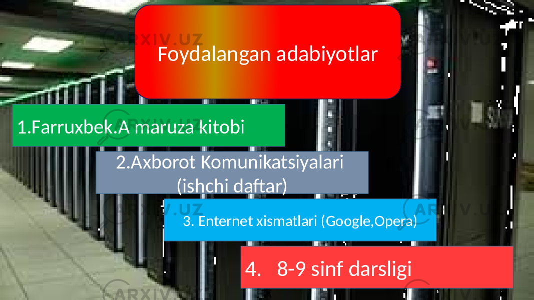 Foydalangan adabiyotlar 1.Farruxbek.A maruza kitobi 2.Axborot Komunikatsiyalari (ishchi daftar) 3. Enternet xismatlari (Google,Opera) 4. 8-9 sinf darsligi 