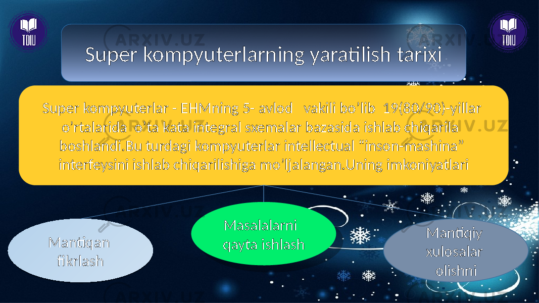 Super kompyuterlarning yaratilish tarixi Super kompyuterlar - EHMning 5- avlod vakili bo’lib 19(80/90)-yillar o’rtalarida o’ta kata integral sxemalar bazasida ishlab chiqarila boshlandi.Bu turdagi kompyuterlar intellectual “inson-mashina” interfeysini ishlab chiqarilishiga mo’ljalangan.Uning imkoniyatlari Mantiqan fikrlash Masalalarni qayta ishlash Mantiqiy xulosalar olishni02 38 0204 22 