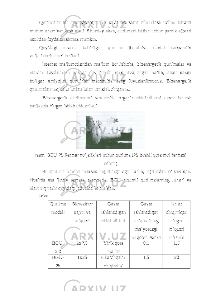 Qurilmalar ish unumdorligini bir xilda borishini ta`minlash uchun harorat muhim ahamiyat kasb etadi. Shunday ekan, qurilmani isitish uchun parnik effekti usulidan foydalanishimiz mumkin. Quyidagi rasmda keltirilgan qurilma Ruminiya davlat kooperativ xo’jaliklarida qo’llaniladi. Internet ma’lumotlaridan ma’lum bo’lishicha, bioenergetik qurilmalar va ulardan foydalanish boshqa davlatlarda keng rivojlangan bo’lib, aholi gazga bo’lgan ehtiyojini qondirish maqsadida keng foydalanilmoqda. Bioenergetik qurilmalarning ba`zi birlari bilan tanishib chiqamiz. Bioenergetik qurilmalari yordamida organik chiqindilarni qayta ishlash natijasida biogaz ishlab chiqariladi. rasm. BGU-25 Fermer xo’jaliklari uchun qurilma (25-boshli qora mol fermasi uchun) Bu qurilma barcha maxsus hujjatlarga ega bo’lib, tajribadan o’tkazilgan. Hozirda esa ijobiy samara bermoqda. BGU rusumli qurilmalarning turlari va ularning narhi quyidagi jadvalda keltirilgan. jadval Qurilma modeli Bioreaktor xajmi va miqdori Qayta ishlanadigan chiqindi turi Qayta ishlanadigan chiqindining me`yordagi miqdori t/sutka Ishlab chiqirilgan biogaz miqdori m 3 /sutki BGU- 2,0 1x2,0 Yirik qora mollar 0,1 1,5 BGU- 25 1x25 Cho’chqalar chiqindisi 1,5 20 