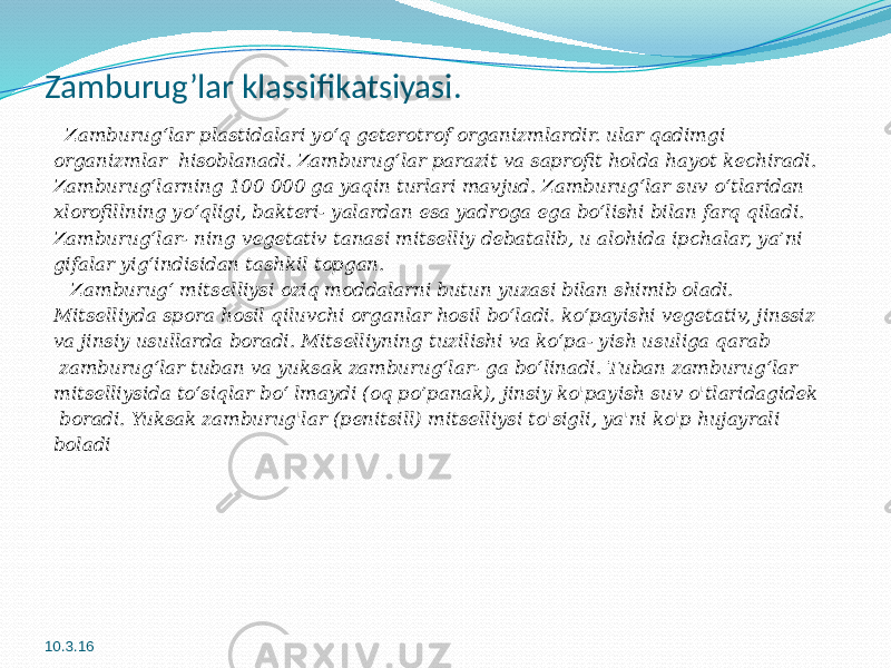 Zamburug’lar klassifikatsiyasi. Zamburug‘lar plastidalari yo‘q geterotrof organizmlardir. ular qadimgi organizmlar hisoblanadi. Zamburug‘lar parazit va saprofit holda hayot kechiradi. Zamburug‘larning 100 000 ga yaqin turlari mavjud. Zamburug‘lar suv o‘tlaridan xlorofillning yo‘qligi, bakteri- yalardan esa yadroga ega bo‘lishi bilan farq qiladi. Zamburug‘lar- ning vegetativ tanasi mitselliy debatalib, u alohida ipchalar, ya’ni gifalar yig‘indisidan tashkil topgan. Zamburug‘ mitselliysi oziq moddalarni butun yuzasi bilan shimib oladi. Mitselliyda spora hosil qiluvchi organlar hosil bo‘ladi. ko‘payishi vegetativ, jinssiz va jinsiy usullarda boradi. Mitselliyning tuzilishi va ko‘pa- yish usuliga qarab zamburug‘lar tuban va yuksak zamburug‘lar- ga bo‘linadi. Тuban zamburug‘lar mitselliysida to‘siqlar bo‘ lmaydi (oq po’panak), jinsiy ko&#39;payish suv o&#39;tlaridagidek boradi. Yuksak zamburug&#39;lar (penitsill) mitselliysi to&#39;sigli, ya&#39;ni ko&#39;p hujayrali boladi 10.3.16 