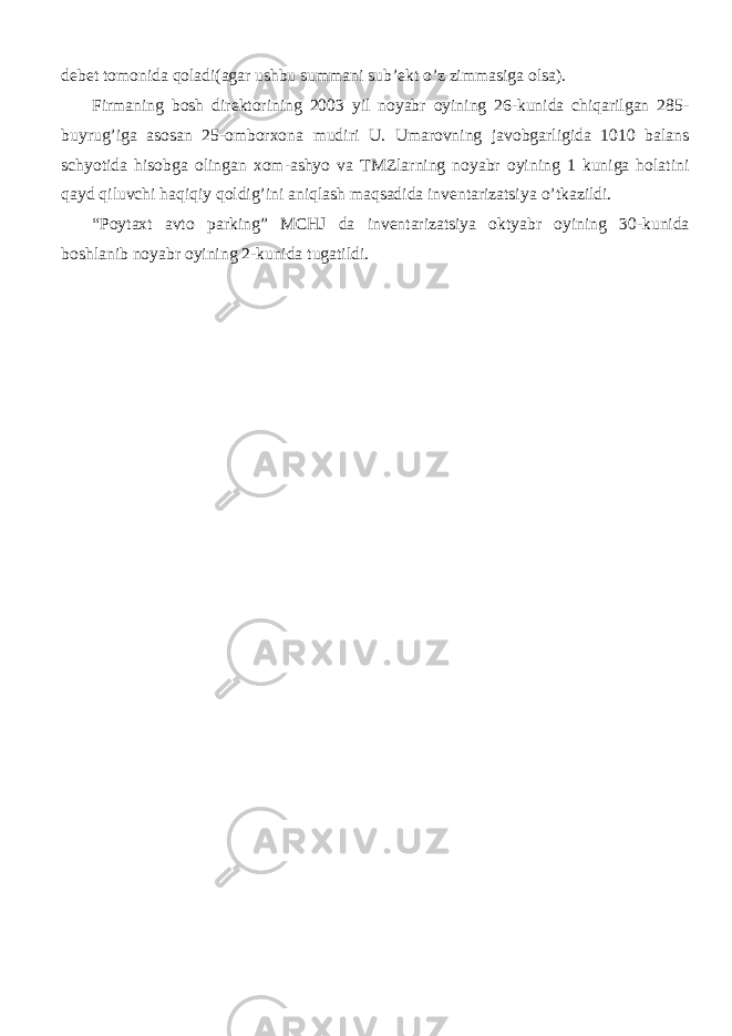 debet tomonida qoladi(agar ushbu summani sub’ekt o’z zimmasiga olsa). Firmaning bosh direktorining 2003 yil noyabr oyining 26-kunida chiqarilgan 285- buyrug’iga asosan 25-omborxona mudiri U. Umarovning javobgarligida 1010 balans schyotida hisobga olingan xom-ashyo va TMZlarning noyabr oyining 1 kuniga holatini qayd qiluvchi haqiqiy qoldig’ini aniqlash maqsadida inventarizatsiya o’tkazildi. “Poytaxt avto parking” MCHJ da inventarizatsiya oktyabr oyining 30-kunida boshlanib noyabr oyining 2-kunida tugatildi. 