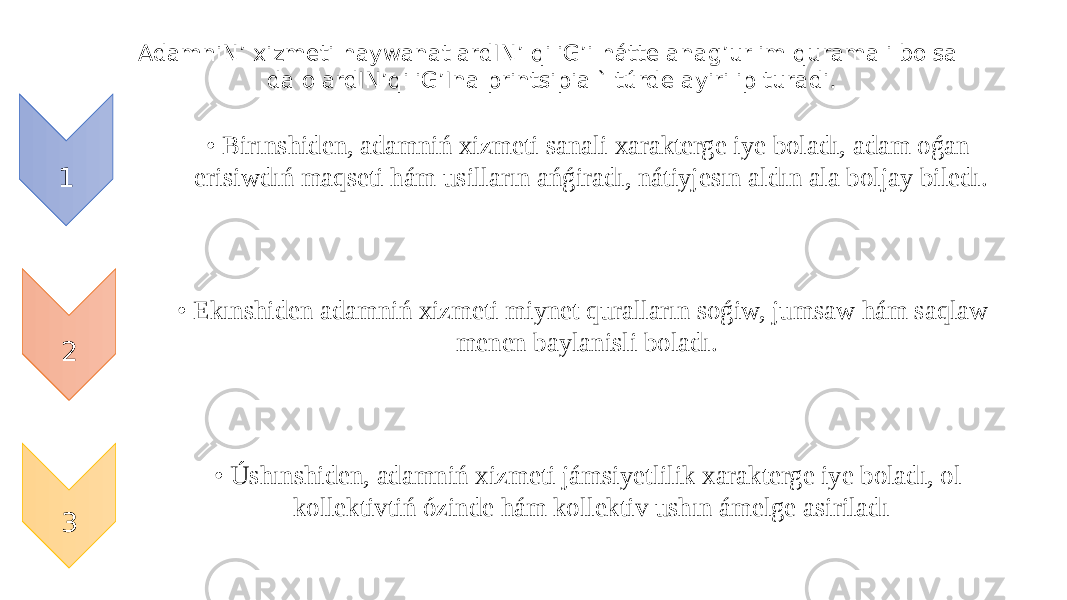 AdamniN’ xizmeti haywanatlardIN’ qiliG’i hátte anag’urlim quramali bolsa da olardIN’qiliG’Ina printsipial` túrde ayirilip turadi. • Birınshiden, adamniń xizmeti sanali xarakterge iye boladı, adam oǵan erisiwdıń maqseti hám usilların ańǵiradı, nátiyjesın aldın ala boljay biledı. • Ekınshiden adamniń xizmeti miynet quralların soǵiw, jumsaw hám saqlaw menen baylanisli boladı. • Úshınshiden, adamniń xizmeti jámsiyetlilik xarakterge iye boladı, ol kollektivtiń ózinde hám kollektiv ushın ámelge asiriladı1 2 3 