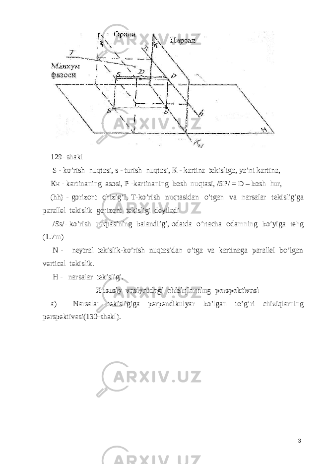  129- shakl S - ko’rish nuqtasi, s - turish nuqtasi, К - kartina tekisliga, ya’ni kartina, Кн - kartinaning asosi, Р -kartinaning bosh nuqtasi, /SP/ = D – bosh hur, (hh) - gorizont chizig’I, Т -ko’rish nuqtasidan o’tgan va narsalar tekisligiga parallel tekislik gorizont tekisligi deyiladi /Ss/- ko’rish nuqtasining balandligi, odatda o’rtacha odamning bo’yiga tehg (1.7m) N - neytral tekislik-ko’rish nuqtasidan o’tga va kartinaga parallel bo’lgan vertical tekislik. Н - narsalar tekisligi. Xususiy vaziyatdagi chiziqlarning perspektivasi а ) Narsalar tekisligiga perpendikulyar bo’lgan to’g’ri chiziqlarning perspektivasi(130-shakl). 3 