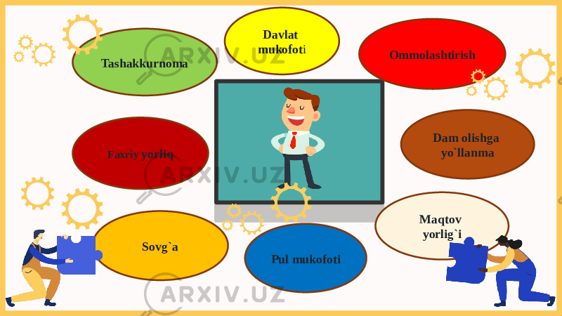 Tashakkurnoma Davlat mukofot i Dam olishga yo`llanma Faxriy yorliq Pul mukofoti Maqtov yorlig`i Sovg`a Ommolashtirish 