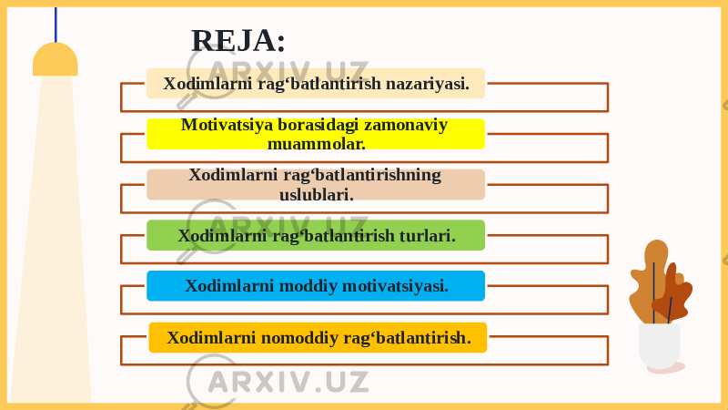 REJA: Xodimlarni rag‘batlantirish nazariyasi. Motivatsiya borasidagi zamonaviy muammolar. Xodimlarni rag‘batlantirishning uslublari. Xodimlarni rag‘batlantirish turlari. Xodimlarni moddiy motivatsiyasi. Xodimlarni nomoddiy rag‘batlantirish. 