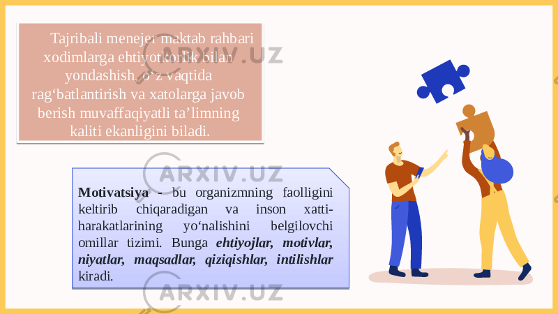 Tajribali menejer maktab rahbari xodimlarga ehtiyotkorlik bilan yondashish, o‘z vaqtida rag‘batlantirish va xatolarga javob berish muvaffaqiyatli ta’limning kaliti ekanligini biladi. Motivatsiya - bu organizmning faolligini keltirib chiqaradigan va inson xatti- harakatlarining yo‘nalishini belgilovchi omillar tizimi. Bunga ehtiyojlar, motivlar, niyatlar, maqsadlar, qiziqishlar, intilishlar kiradi.01 0F 13 04 06 0C 05 08 0C0A 0E02 1009 01020304 0F0405 08 0C05 