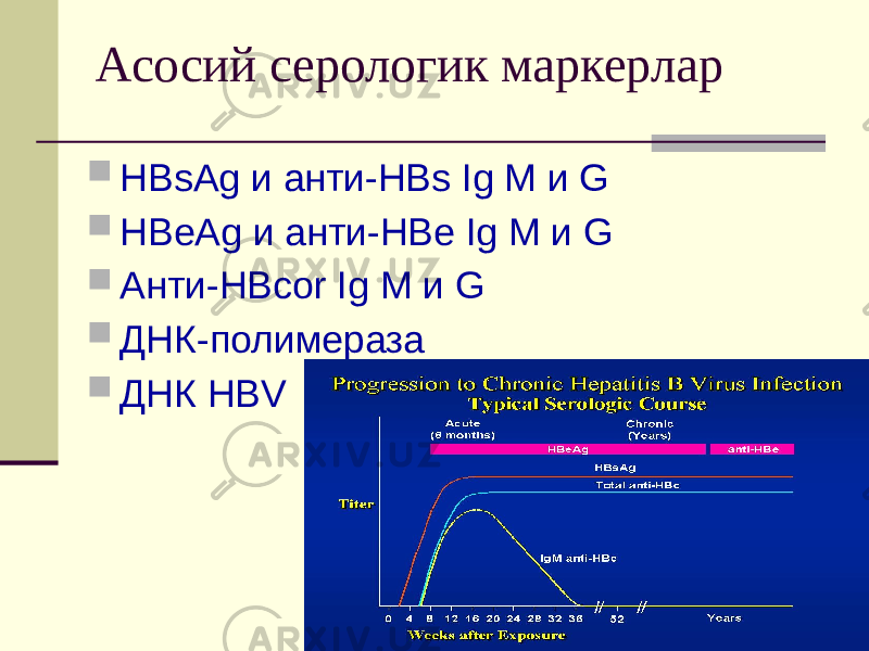 Асосий серологик маркерлар  HBsAg и анти-HBs Ig M и G  HBeAg и анти-HBe Ig M и G  Анти-HBcor Ig M и G  ДНК-полимераза  ДНК HBV 