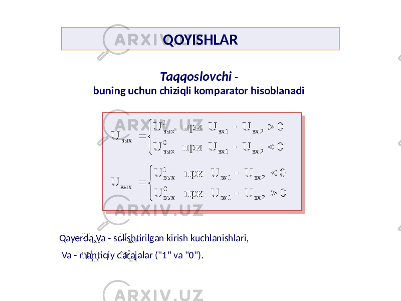 QOYISHLAR Taqqoslovchi - buning uchun chiziqli komparator hisoblanadi Qayerda Va - solishtirilgan kirish kuchlanishlari, Va - mantiqiy darajalar (&#34;1&#34; va &#34;0&#34;).         0 U U при U 0 U U при U U 2 вх 1 вх 0 вых 2 вх 1 вх 1 вых вых          0 U U при U 0 U U при U U 2 вх 1 вх 0 вых 2 вх 1 вх 1 вых вых 1 вх U 2 вх U 1 выхU 0 выхU 