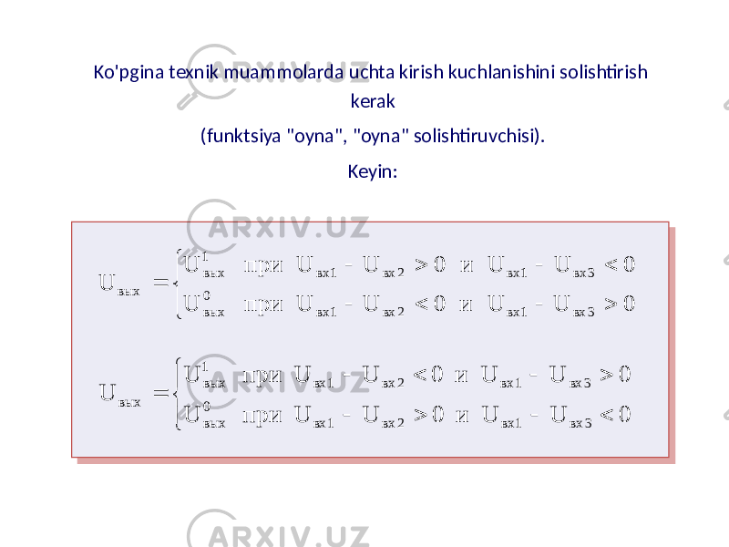 Ko&#39;pgina texnik muammolarda uchta kirish kuchlanishini solishtirish kerak (funktsiya &#34;oyna&#34;, &#34;oyna&#34; solishtiruvchisi). Keyin:             0 U U и 0 U U при U 0 U U и 0 U U при U U 3 вх 1 вх 2 вх 1 вх 0 вых 3 вх 1 вх 2 вх 1 вх 1 вых вых              0 U U и 0 U U при U 0 U U и 0 U U при U U 3 вх 1 вх 2 вх 1 вх 0 вых 3 вх 1 вх 2 вх 1 вх 1 вых вых 