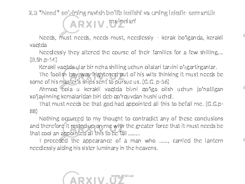 2.3 “Need” so’zining ravish bo’lib kelishi va uning leksik- semantik ma’nolari Needs, must needs, needs must, needlessly – kerak bo’lganda, kerakli vaqtda Needlessly they altered the course of their families for a few shilling…. (B.Sh.p-14) Kerakli vaqtda ular bir neha shilling uchun oilalari tarzini o’zgartirganlar. The foolish boy was frightened out of his wits thinking it must needs be some of his master’s ships sent to pursue us. (G.G. p-56) Ahmoq bola u kerakli vaqtda bizni qo’lga olish uchun jo’natilgan xo’jayinning kemalaridan biri deb qo’rquvdan hushi uchdi. That must needs be that god had appointed all this to befall me. (G.G.p- 88) Nothing occurred to my thought to contradict any of these conclusions and therefore it rested up on me with the greater force that it must needs be that cool an appointed all this to be fall …….. I preceded the appearance of a man who ..…., carried the lantern needlessly aiding his sister luminary in the heavens. www.arxiv.uz 
