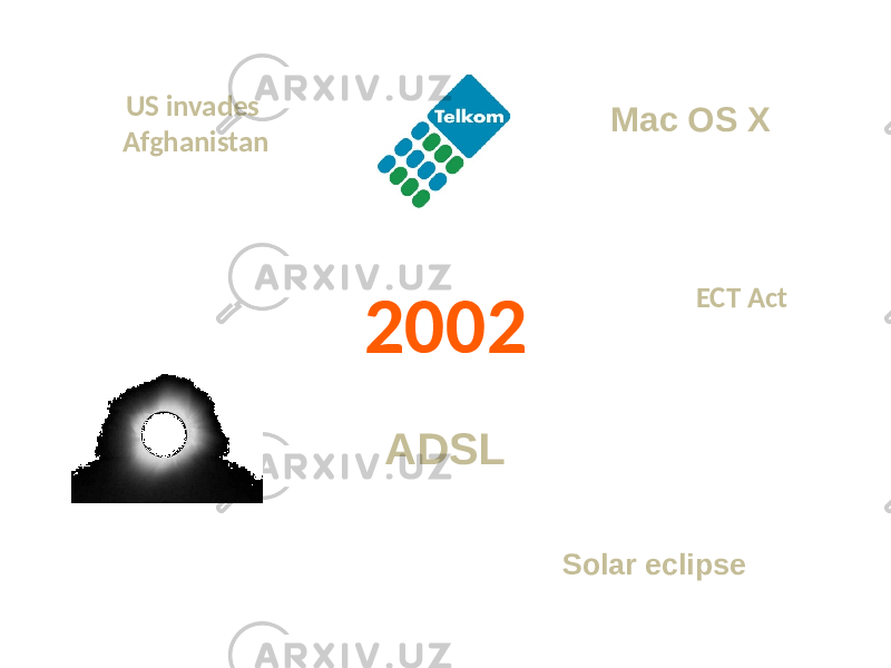 2002 ECT Act ADSL Mac OS XUS invades Afghanistan Solar eclipse 