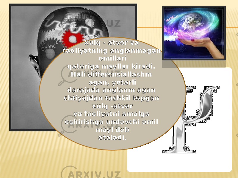 Xulq - atvor va faoliyatning anglanmagan omillari qatoriga mayllar kiradi. Hali differcnsiallashm agan, yetarli darajada anglanm agan chtiyojdan tashkil topgan xulq -atvor va faoliyatni amalga oshirishga undovchi omil mayl deb ataladi. 