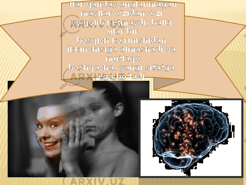 Har qanday anglanmagan mayllar o‘zidan o’zi yo&#39;qolib ketmaydi, balki ular bir bosqich ko&#39;rinishidan ikkinchisiga almashadi va mutlaqo boshqacha, yangi sifatga ega bo‘ladi. 