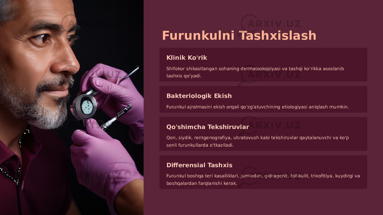 Furunkulni Tashxislash Klinik Ko&#39;rik Shifokor shikastlangan sohaning dermatoskopiyasi va tashqi ko&#39;rikka asoslanib tashxis qo&#39;yadi. Bakteriologik Ekish Furunkul ajralmasini ekish orqali qo&#39;zg&#39;atuvchining etiologiyasi aniqlash mumkin. Qo&#39;shimcha Tekshiruvlar Qon, siydik, rentgenografiya, ultratovush kabi tekshiruvlar qaytalanuvchi va ko&#39;p sonli furunkullarda o&#39;tkaziladi. Differensial Tashxis Furunkul boshqa teri kasalliklari, jumladan, gidragenit, follikulit, trixofitiya, kuydirgi va boshqalardan farqlanishi kerak. 