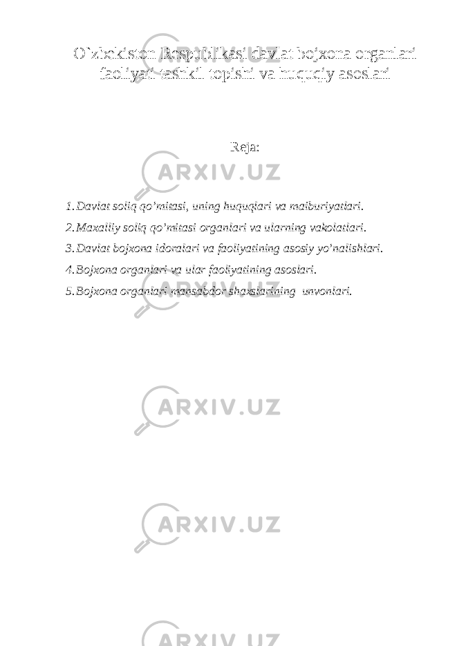 O`zbekiston Respublikasi davlat bojxona organlari faoliyati tashkil topishi va huquqiy asoslari Reja: 1. Davlat soliq qo’mitasi, uning huquqlari va maiburiyatlari. 2. Maxalliy soliq qo’mitasi organlari va ularning vakolatlari. 3. Davlat bojxona idoralari va faoliyatining asosiy yo’nalishlari. 4. Bojxona organlari va ular faoliyatining asoslari. 5. Bojxona organlari mansabdor shaxslarining unvonlari. 