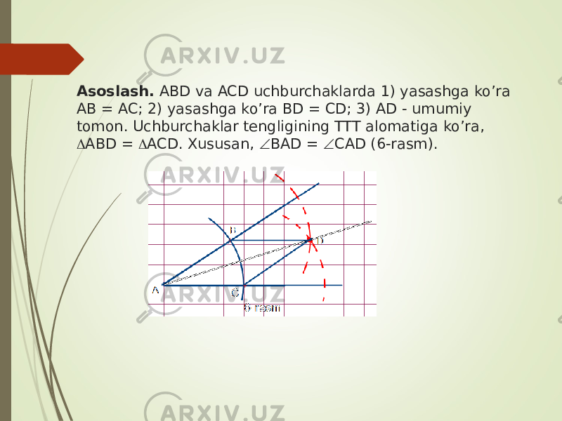 Asoslash. ABD va ACD uchburchaklarda 1) yasashga ko’ra AB = AC; 2) yasashga ko’ra BD = CD; 3) AD - umumiy tomon. Uchburchaklar tengligining TTT alomatiga ko’ra,  ABD =  ACD. Xususan,  BAD =  CAD (6-rasm). 
