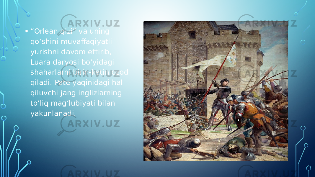 • “ Orlean qizi” va uning qo‘shini muvaffaqiyatli yurishni davom ettirib, Luara daryosi bo‘yidagi shaharlarni birin-ketin ozod qiladi. Pate yaqinidagi hal qiluvchi jang inglizlarning to‘liq mag‘lubiyati bilan yakunlanadi. 