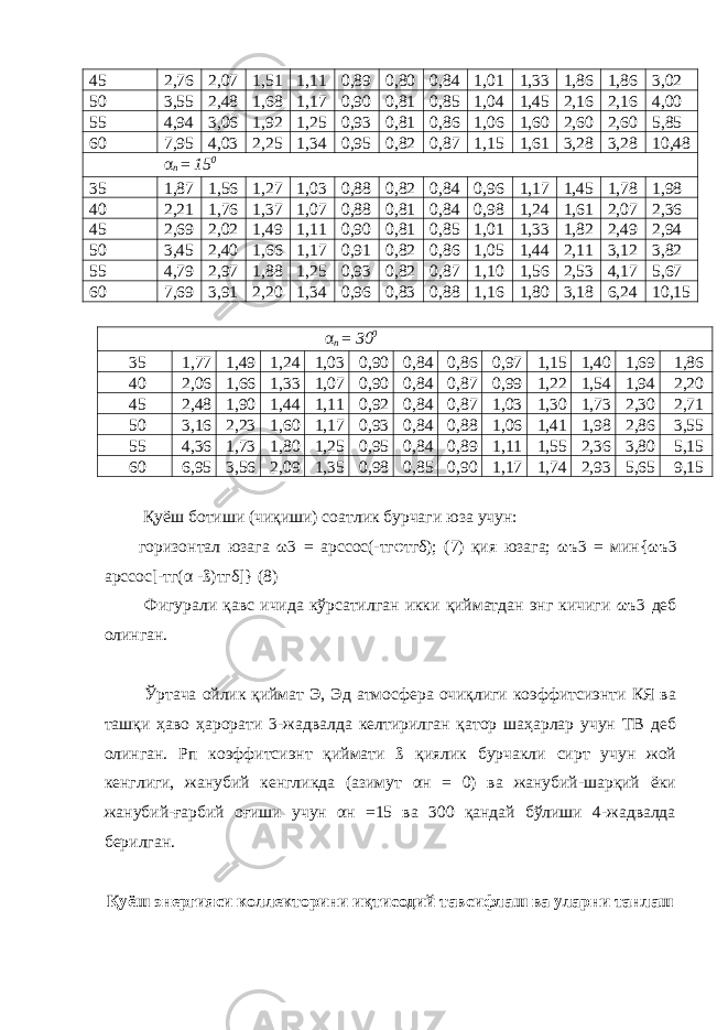 45 2,76 2,07 1,51 1,11 0,89 0,80 0,84 1,01 1,33 1,86 1,86 3,02 50 3,55 2,48 1,68 1,17 0,90 0,81 0,85 1,04 1,45 2,16 2,16 4,00 55 4,94 3,06 1,92 1,25 0,93 0,81 0,86 1,06 1,60 2,60 2,60 5,85 60 7,95 4,03 2,25 1,34 0,95 0,82 0,87 1,15 1,61 3,28 3,28 10,48 α n = 15 0 35 1,87 1,56 1,27 1,03 0,88 0,82 0,84 0,96 1,17 1,45 1,78 1,98 40 2,21 1,76 1,37 1,07 0,88 0,81 0,84 0,98 1,24 1,61 2,07 2,36 45 2,69 2,02 1,49 1,11 0,90 0,81 0,85 1,01 1,33 1,82 2,49 2,94 50 3,45 2,40 1,66 1,17 0,91 0,82 0,86 1,05 1,44 2,11 3,12 3,82 55 4,79 2,97 1,88 1,25 0,93 0,82 0,87 1,10 1,56 2,53 4,17 5,67 60 7,69 3,91 2,20 1,34 0,96 0,83 0,88 1,16 1,80 3,18 6,24 10,15 α n = 30 0 35 1,77 1,49 1,24 1,03 0,90 0,84 0,86 0,97 1,15 1,40 1,69 1,86 40 2,06 1,66 1,33 1,07 0,90 0,84 0,87 0,99 1,22 1,54 1,94 2,20 45 2,48 1,90 1,44 1,11 0,92 0,84 0,87 1,03 1,30 1,73 2,30 2,71 50 3,16 2,23 1,60 1,17 0,93 0,84 0,88 1,06 1,41 1,98 2,86 3,55 55 4,36 1,73 1,80 1,25 0,95 0,84 0,89 1,11 1,55 2,36 3,80 5,15 60 6,95 3,56 2,09 1,35 0,98 0,85 0,90 1,17 1,74 2,93 5,65 9,15 Қуёш ботиши (чиқиши) соатлик бурчаги юза учун: горизонтал юзага ω 3 = ар cc ос(-тг φ тг δ ); (7) қия юзага; ω ъ3 = мин{ ω ъ3 ар cc ос[-тг( α -ß)тг δ ]} (8) Фигурали қавс ичида кўрсатилган икки қийматдан энг кичиги ω ъ3 деб олинган. Ўртача ойлик қиймат Э, Эд атмосфера очиқлиги коэффитсиэнти КЯ ва ташқи ҳаво ҳарорати 3-жадвалда келтирилган қатор шаҳарлар учун ТВ деб олинган. Рп коэффитсиэнт қиймати ß қиялик бурчакли сирт учун жой кенглиги, жанубий кенгликда (азимут αн = 0) ва жанубий-шарқий ёки жанубий-ғарбий оғиши учун αн =15 ва 300 қандай бўлиши 4-жадвалда берилган. Қуёш энергияси коллекторини иқтисодий тавсифлаш ва уларни танлаш 