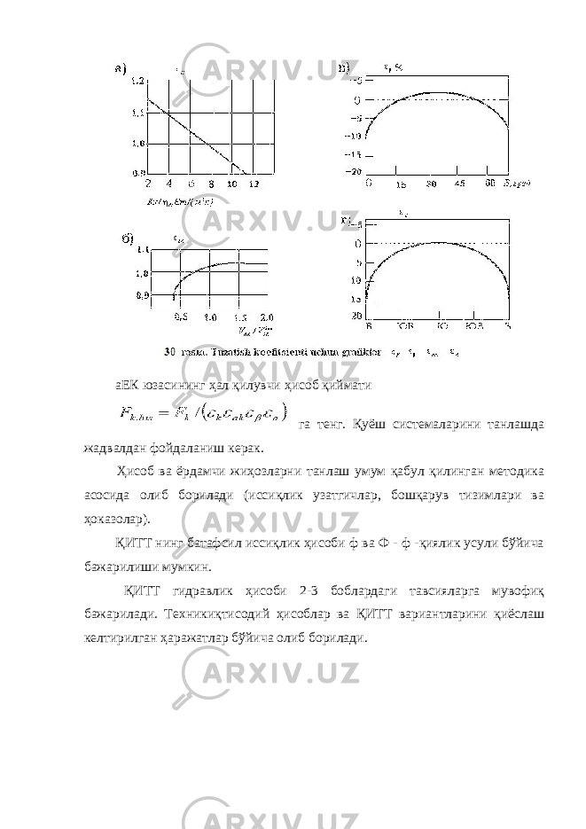  аЕК юзасининг ҳал қилувчи ҳисоб қиймати га тенг. Қуёш системаларини танлашда жадвалдан фойдаланиш керак. Ҳисоб ва ёрдамчи жиҳозларни танлаш умум қабул қилинган методика асосида олиб борилади (иссиқлик узатгичлар, бошқарув тизимлари ва ҳоказолар). ҚИТТ нинг батафсил иссиқлик ҳисоби ф ва Ф - ф -қиялик усули бўйича бажарилиши мумкин. ҚИТТ гидравлик ҳисоби 2-3 боблардаги тавсияларга мувофиқ бажарилади. Техникиқтисодий ҳисоблар ва ҚИТТ вариантларини қиёслаш келтирилган ҳаражатлар бўйича олиб борилади. 