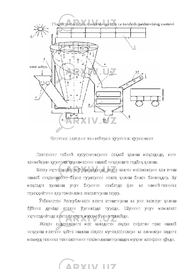 Чигитли пахтани конвейерли қуритиш қурилмаси Пахтанинг табиий хусусиятларини сақлаб қолиш мақсадида, янги конвейерли қуритиш қурилмасини ишлаб чиқаришга тадбиқ қилиш. Бозор иқтисодиётига ўтиш даврида юзага келган масалаларни ҳал этиш ишлаб чиқаришнинг барча турларини ислоҳ қилиш билан боғлиқдир. Бу мақсадга эришиш учун биринчи навбатда фан ва илмий-техника тараққиётини ҳар томонлама юксалтириш зарур. Ўзбекистон Республикаси пахта етиштириш ва уни экспорт қилиш бўйича дунёда етакчи ўринларда туради. Шунинг учун мамлакат иқтисодиётида пахта саноати муҳим ўрин эгаллайди. Жаҳон андозаларига мос келадиган юқори сифатли тола ишлаб чиқариш пахтани қайта ишлаш соҳаси мутаҳассислари ва олимлари олдига мавжуд техника-технологияни такомиллаштиришдек муҳим вазифани қўяди. 