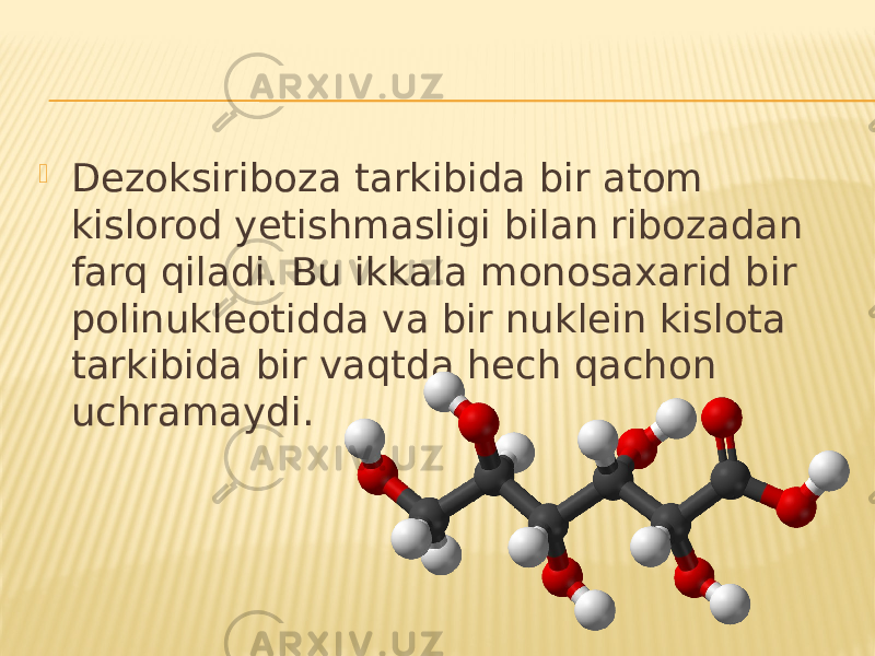  Dezoksiriboza tarkibida bir atom kislorod yetishmasligi bilan ribozadan farq qiladi. Bu ikkala monosaxarid bir polinukleotidda va bir nuklein kislota tarkibida bir vaqtda hech qachon uchramaydi. 
