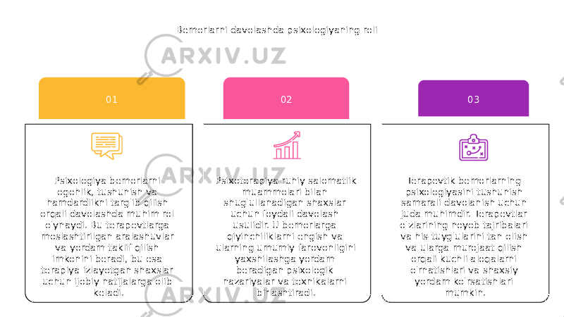 Bemorlarni davolashda psixologiyaning roli Psixoterapiya ruhiy salomatlik muammolari bilan shug&#39;ullanadigan shaxslar uchun foydali davolash usulidir. U bemorlarga qiyinchiliklarni engish va ularning umumiy farovonligini yaxshilashga yordam beradigan psixologik nazariyalar va texnikalarni birlashtiradi. 02 Terapevtik bemorlarning psixologiyasini tushunish samarali davolanish uchun juda muhimdir. Terapevtlar o&#39;zlarining noyob tajribalari va his-tuyg&#39;ularini tan olish va ularga murojaat qilish orqali kuchli aloqalarni o&#39;rnatishlari va shaxsiy yordam ko&#39;rsatishlari mumkin. 03 Psixologiya bemorlarni ogohlik, tushunish va hamdardlikni targ&#39;ib qilish orqali davolashda muhim rol o&#39;ynaydi. Bu terapevtlarga moslashtirilgan aralashuvlar va yordam taklif qilish imkonini beradi, bu esa terapiya izlayotgan shaxslar uchun ijobiy natijalarga olib keladi. 01 