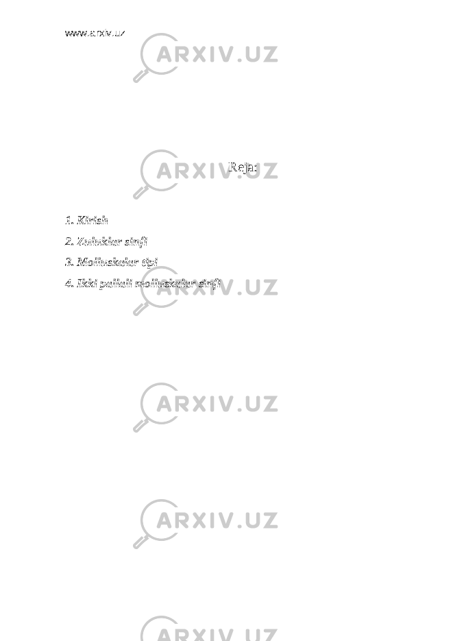 www.arxiv.uz Reja: 1. Kirish 2. Zuluklar sinfi 3. Molluskalar tipi 4. Ikki pallali molluskalar sinfi 