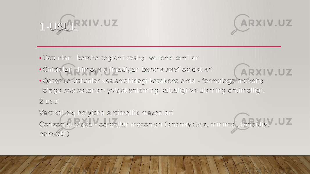 1-USUL • Ustunlar - barcha tegishli tashqi va ichki omillar • Chiziqlar - himoya qilinadigan barcha xavf ob&#39;ektlari • Qator va ustunlar kesishishidagi katakchalarda - formulaga muvofiq o&#39;ziga xos xatarlar: yo&#39;qotishlarning kattaligi va ularning ehtimolligi. 2-usul Vertikal o&#39;q bo&#39;yicha ehtimollik mezonlari Gorizontal o&#39;qda - oqibatlar mezonlari (ahamiyatsiz, minimal, tanqidiy, halokatli) 