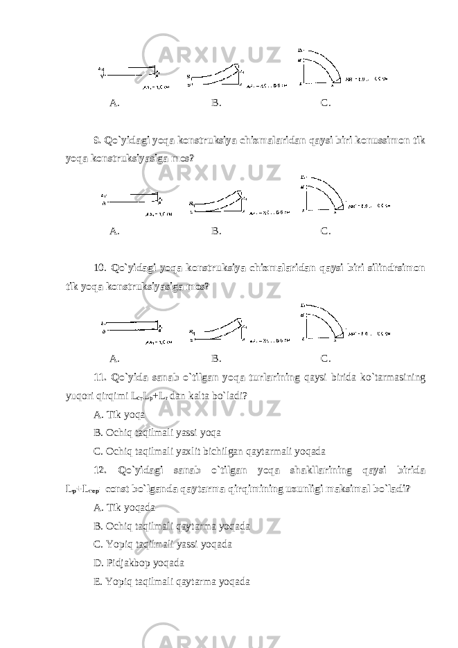  A. B. C. 9. Qo`yidagi yoqa konstruksiya chizmalaridan qaysi biri konussimon tik yoqa konstruksiyasiga mos? A. B. C. 10. Qo`yidagi yoqa konstruksiya chizmalaridan qaysi biri silindrsimon tik yoqa konstruksiyasiga mos? A. B. C. 11. Qo`yida sanab o`tilgan yoqa turlarining qaysi birida ko`tarmasining yuqori qirqimi L ст L p +L r dan kalta bo`ladi? A. Tik yoqa B. Ochiq taqilmali yassi yoqa C. Ochiq taqilmali yaxlit bichilgan qaytarmali yoqada 12. Qo`yidagi sanab o`tilgan yoqa shakllarining qaysi birida L p +L rop =const bo`lganda qaytarma qirqimining uzunligi maksimal bo`ladi? A. Tik yoqada B. Ochiq taqilmali qaytarma yoqada C. Yopiq taqilmali yassi yoqada D. Pidjakbop yoqada E. Yopiq taqilmali qaytarma yoqada 