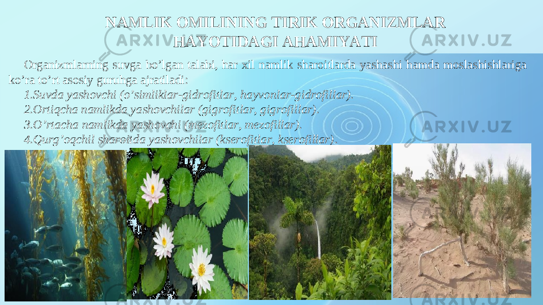 NAMLIK OMILINING TIRIK ORGANIZMLAR HAYOTIDAGI AHAMIYATI Organizmlarning suvga bo’lgan talabi, har xil namlik sharoitlarda yashashi hamda moslashishlariga ko’ra to’rt asosiy guruhga ajratiladi: 1. Suvda yashovchi (o’simliklar-gidrofitlar, hayvonlar-gidrofillar). 2. Ortiqcha namlikda yashovchilar (gi g rofitlar, gigrofi l lar). 3. O’rtacha namlikda yashovchi (mezofitlar, mezofillar). 4. Qurg’oqchil sharoitda yashovchilar (kserofitlar, kserofillar) . 