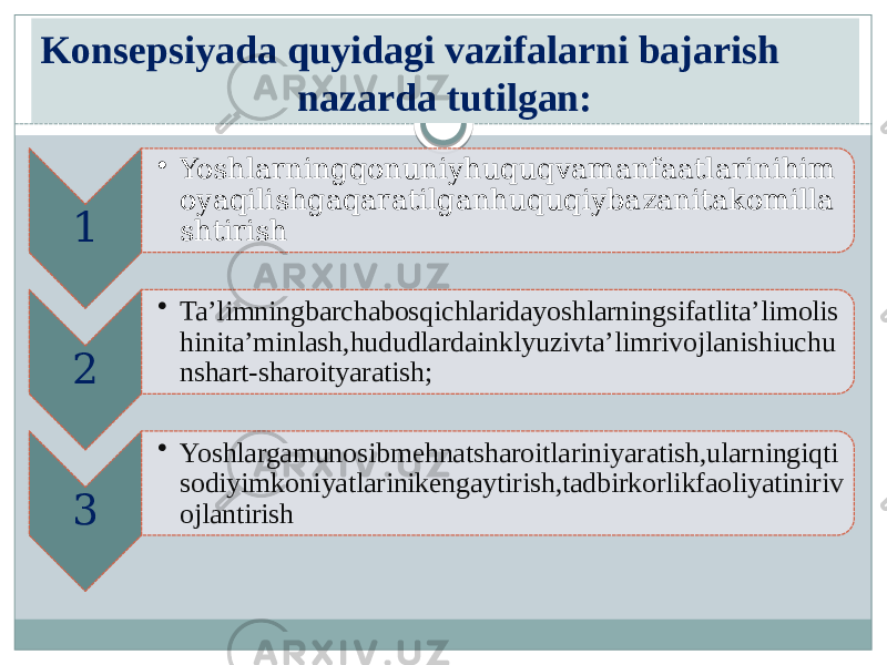 Konsepsiyada quyidagi vazifalarni bajarish nazarda tutilgan: 1 • Yoshlarningqonuniyhuquqvamanfaatlarinihim oyaqilishgaqaratilganhuquqiybazanitakomilla shtirish 2 • Ta’limningbarchabosqichlaridayoshlarningsifatlita’limolis hinita’minlash,hududlardainklyuzivta’limrivojlanishiuchu nshart-sharoityaratish; 3 • Yoshlargamunosibmehnatsharoitlariniyaratish,ularningiqti sodiyimkoniyatlarinikengaytirish,tadbirkorlikfaoliyatiniriv ojlantirish 