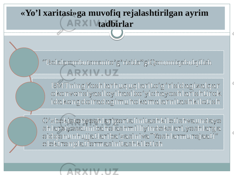 «Yo’l xaritasi»ga muvofiq rejalashtirilgan ayrim tadbirlar “ Bolalarombutsmanito’g’risida”giQonunniqabulqilish BMTningYoshlarhuquqlarito’g’risidagixalqar okonvensiyasiloyihasibo’yichayoshlarishtirok idakengdoiradagimuhokamalarnitashkiletish O’zbekistonyoshlariportalinitashkiletishvaundayo shlarsiyosatinibaholashmilliyindekslari,yoshlarga oidqonunhujjatlariba’zasiniva“Yoshlarmurojaati” elektronplatformasinitashkiletish 