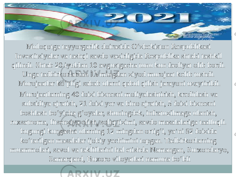 Muloqotga tayyorgarlik doirasida O‘zbekiston Respublikasi Investitsiyalar va tashqi savdo vazirligida Respublika shtabi tashkil qilindi. Shtab 20 iyuldan 10 avgustgacha tunu kun faoliyat olib bordi. Unga tadbirkorlardan 15 mingdan ziyod murojaat kelib tushdi. Murojaatlar ko‘pligi sabab ularni qabul qilish jarayoni uzaytirildi. Murojaatlarning 40 foizi biznesni moliyalashtirish, kreditlash va subsidiya ajratish, 21 foizi yer va bino ajratish, 5 foizi biznesni boshlash bo‘yicha g‘oyalar, shuningdek, infratuzilmaga ulanish, ruxsatnoma, litsenziya olish, soliq tizimi, savdo masalalariga taalluqli. bugungi kungacha ularning 12 mingdan ortig‘i, ya’ni 82 foizida ko‘tarilgan masalalar ijobiy yechimini topgan. Tadbirkorlarning muammolari, savol va takliflarini hal etishda Namangan, Surxondaryo, Samarqand, Buxoro viloyatlari namuna bo‘ldi 