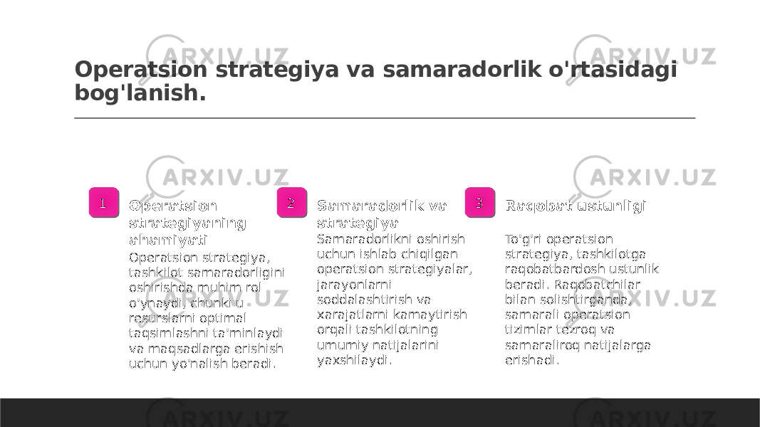 Operatsion strategiya va samaradorlik o&#39;rtasidagi bog&#39;lanish. 1 Operatsion strategiyaning ahamiyati Operatsion strategiya, tashkilot samaradorligini oshirishda muhim rol o&#39;ynaydi, chunki u resurslarni optimal taqsimlashni ta&#39;minlaydi va maqsadlarga erishish uchun yo&#39;nalish beradi. 2 Samaradorlik va strategiya Samaradorlikni oshirish uchun ishlab chiqilgan operatsion strategiyalar, jarayonlarni soddalashtirish va xarajatlarni kamaytirish orqali tashkilotning umumiy natijalarini yaxshilaydi. 3 Raqobat ustunligi To&#39;g&#39;ri operatsion strategiya, tashkilotga raqobatbardosh ustunlik beradi. Raqobatchilar bilan solishtirganda, samarali operatsion tizimlar tezroq va samaraliroq natijalarga erishadi. 