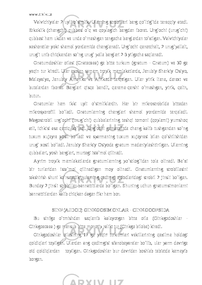 www.arxiv.uz Velvichiyalar 2 uyli o`simlik. Ularning strobillari barg qo`ltig`ida taraqqiy etadi. Erkaklik (changchi) qubbasi o`q va qoplagich bargdan iborat. Urg`ochi (urug`chi) qubbasi ham ukdan va unda o`rnashgan tangacha barglardan to`zilgan. Velvichiyalar xashoratlar yoki shamol yordamida changlanadi. Urg`ochi qanotchali, 2 urug`pallali, urug`i unib chiqkandan so`ng urug` palla barglari 2-3 yilgacha saqlanadi. Gnetumdoshlar oilasi (Cnetaceae) ga bitta turkum (gnetum - Cnetum) va 30 ga yaqin tur kiradi. Ular asosan sernam tropik mamlakatlarda, Janubiy- Sharkiy Osiyo, Malayziya, Janubiy Amerika va Afrikada tarqalgan. Ular yirik liana, daraxt va butalardan iborat. Barglari qisqa bandli, qarama-qarshi o`rnashgan, yirik, qalin, butun. Gnetumlar ham ikki uyli o`simliklardir. Har bir mikrostrobilda bittadan mikrosporofill bo`ladi. Gnetumlarning changlari shamol yordamida tarqaladi. Megostrobil urg`ochi (urug`chi) qubbalarining tashqi tomoni (qoplami) yumshoq etli, ichkisi esa qattiq bo`ladi. Urg`ochi gametofitda chang kelib tushgandan so`ng tuxum xujayra xosil bo`ladi va spermaning tuxum xujayrasi bilan qo`shilishidan urug` xosil bo`ladi. Janubiy-Sharkiy Osiyoda gnetum madaniylashtirilgan. Ularning qubbalari, yosh barglari, murtagi iste`mol qilinadi. Ayrim tropik mamlakatlarda gnetumlarning po`stlog`idan tola olinadi. Ba`zi bir turlaridan iste`mol qilinadigan moy olinadi. Gnetumlarning strobillasini tekshirish shuni ko`rsatadiki, ularning qadimgi ajdodlaridagi strobil 2 jinsli bo`lgan. Bunday 2 jinsli strobillar bennettitlarda bo`lgan. Shuning uchun gnetumsimonlarni bennettitlardan kelib chiqkan degan fikr ham bor. SINF (AJDOD) GINKGOSIMONLAR - CINKGOOPSIDA Bu sinfga o`tmishdan saqlanib kelayotgan bitta oila (Ginkgodoshlar - Cinkgoaceae ) ga mansub bitta monotip relikt tur (Cinkga biloba) kiradi. Ginkgodoshlar oilasining 17 ga yaqin turkumlari vakillarining qazilma holdagi qoldiqlari topilgan. Ulardan eng qadimgisi sfenobayeralar bo`lib, ular perm davriga oid qoldiqlardan topilgan. Ginkgodoshlar bur davridan boshlab tabiatda kamayib borgan. 