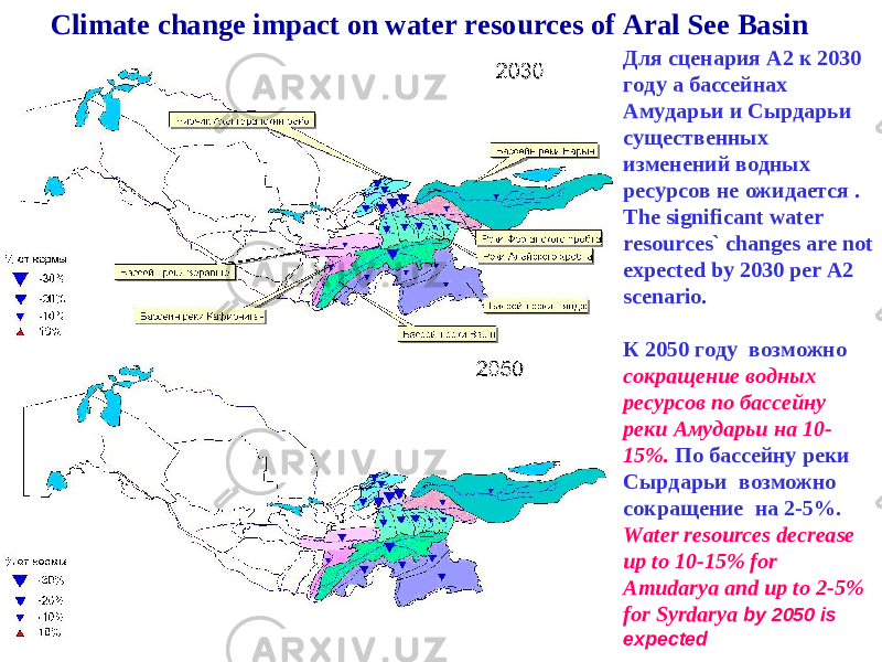 Для сценария А2 к 2030 году а бассейнах Амударьи и Сырдарьи существенных изменений водных ресурсов не ожидается . The significant water resources` changes are not expected by 2030 per A2 scenario. К 2050 году возможно сокращение водных ресурсов по бассейну реки Амударьи на 10- 15%. По бассейну реки Сырдарьи возможно сокращение на 2-5%. Water resources decrease up to 10-15% for Amudarya and up to 2-5% for Syrdarya by 2050 is expectedClimate change impact on water resources of Aral See Basin 