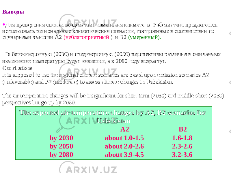 Выводы • Для проведения оценки воздействия изменения климата в Узбекистане предлагается использовать региональные климатические сценарии, построенные в соответствии со сценариями эмиссии А2 (неблагоприятный ) и В2 (умеренный). На ближнесрочную (2030) и среднесрочную (2050) перспективы различия в ожидаемых изменениях температуры будут невелики, а к 2080 году возрастут. Conclusions It is supposed to use the regional climate scenarios are based upon emission scenarios A2 (unfavorable) and B2 (moderate) to assess climate changes in Uzbekistan. The air temperature changes will be insignificant for short-term (2030) and middle-short (2050) perspectives but go up by 2080. The expected air temperature changes by A2, B2 scenarios for Uzbekistan A2 B2 by 2030 about 1.0-1.5 1.6-1.8 by 2050 about 2.0-2.6 2.3-2.6 by 2080 about 3.9-4.5 3.2-3.6 