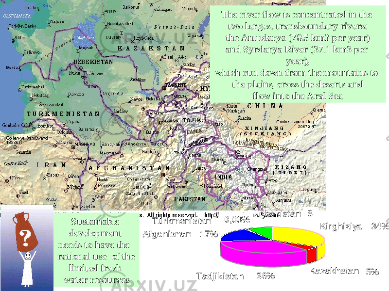 Тurkmenistan Afganisnan Tadjikistan Uzbekistan Kirghiziya Kazakhstan 8 34% 5% 0,03% 17% 36%The river flow is concentrated in the two largest transboundary rivers: the Amudarya (78.5 km3 per year) and Syrdarya River (37.1 km3 per year), which run down from the mountains to the plains, cross the deserts and flow into the Aral Sea Sustainable development needs to have the rational use of the limited fresh water resources 