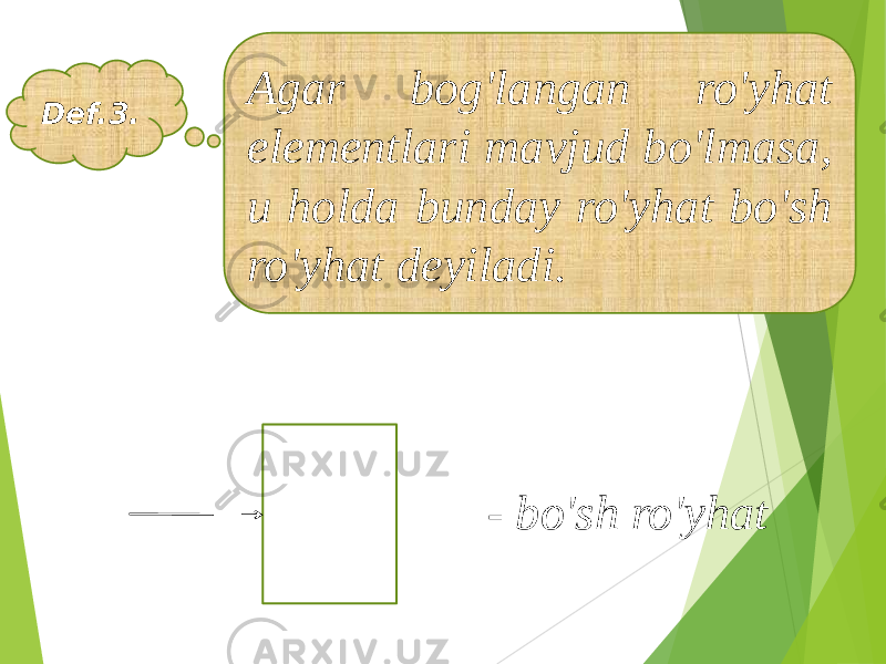 Def.3. Agar bog&#39;langan ro&#39;yhat elementlari mavjud bo&#39;lmasa, u holda bunday ro&#39;yhat bo&#39;sh ro&#39;yhat deyiladi. - bo&#39;sh ro&#39;yhat 