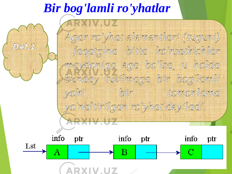 Bir bog&#39;lamli ro&#39;yhatlar Def.1 . Agar ro&#39;yhat elementlari (tuguni) faqatgina bitta ko&#39;rsatkichlar maydoniga ega bo&#39;lsa, u holda bunday tuzilmaga bir bog&#39;lamli yoki bir tomonlama yo&#39;naltirilgan ro&#39;yhat deyiladi. 