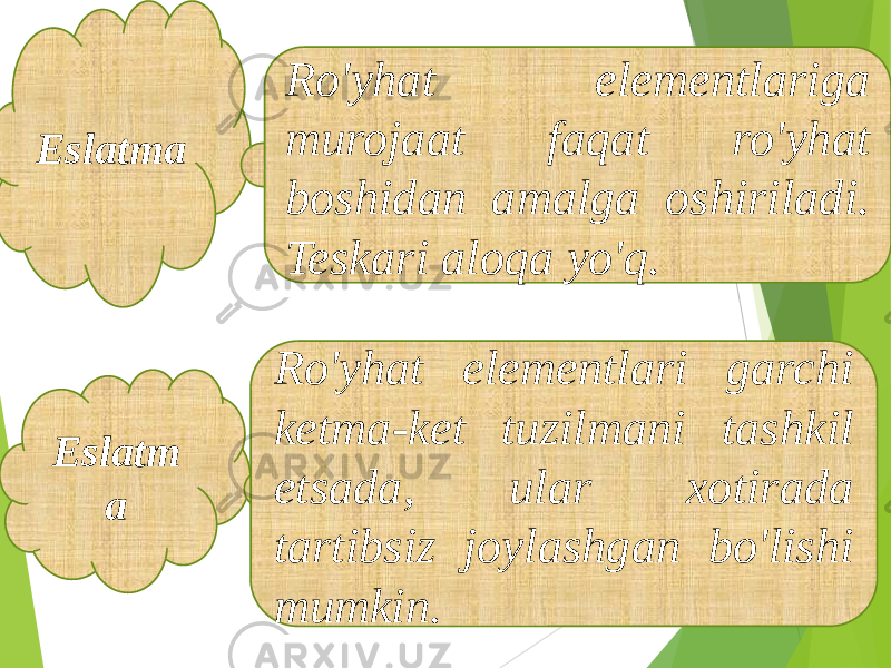 Eslatma Ro&#39;yhat elementlariga murojaat faqat ro&#39;yhat boshidan amalga oshiriladi. Teskari aloqa yo&#39;q. Eslatm a Ro&#39;yhat elementlari garchi ketma-ket tuzilmani tashkil etsada, ular xotirada tartibsiz joylashgan bo&#39;lishi mumkin. 