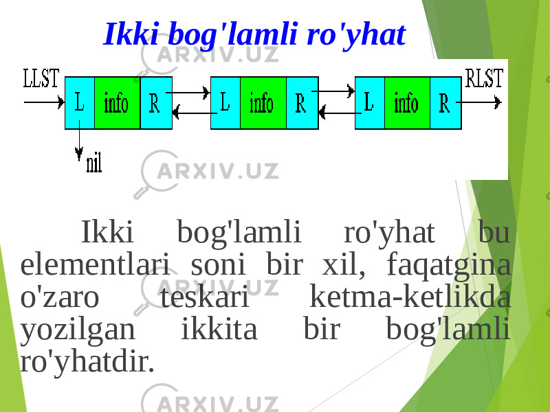 Ikki bog&#39;lamli ro&#39;yhat Ikki bog&#39;lamli ro&#39;yhat bu elementlari soni bir xil, faqatgina o&#39;zaro teskari ketma-ketlikda yozilgan ikkita bir bog&#39;lamli ro&#39;yhatdir. 