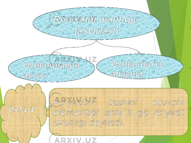 Roʼyxatni mantiqiy tasvirlash Oshkormas(m assiv ) Oshkor(koʼrs atkichli) Def.1.1 . Roʼyxatni tashkil etuvchi elementlar soni n ga roʼyxat uzunligi deyiladi. 