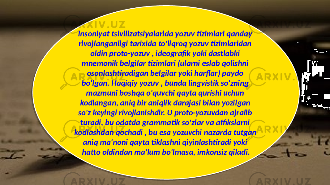 Insoniyat tsivilizatsiyalarida yozuv tizimlari qanday rivojlanganligi tarixida to&#39;liqroq yozuv tizimlaridan oldin proto-yozuv , ideografik yoki dastlabki mnemonik belgilar tizimlari (ularni eslab qolishni osonlashtiradigan belgilar yoki harflar) paydo bo&#39;lgan. Haqiqiy yozuv , bunda lingvistik so&#39;zning mazmuni boshqa o&#39;quvchi qayta qurishi uchun kodlangan, aniq bir aniqlik darajasi bilan yozilgan so&#39;z keyingi rivojlanishdir. U proto-yozuvdan ajralib turadi, bu odatda grammatik so&#39;zlar va affikslarni kodlashdan qochadi , bu esa yozuvchi nazarda tutgan aniq ma&#39;noni qayta tiklashni qiyinlashtiradi yoki hatto oldindan ma&#39;lum bo&#39;lmasa, imkonsiz qiladi. 01 0D 04 1102 04 1D 1107 1C 03 080F 1C 07 1F 