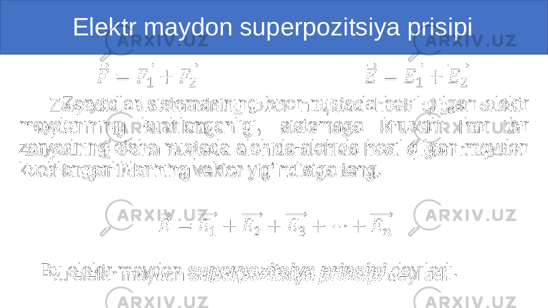  Elektr maydon superpozitsiya prisipi Zaryadlar sistemasining biror nuqtada hosil qilgan elektr maydonining kuchlanganligi, sistemaga kiruvchi har bir zaryadning o‘sha nuqtada alohida-alohida hosil qilgan maydon kuchlanganliklarining vektor yig‘indisiga teng. Bu elektr maydon superpozitsiya prinsipi deyiladi.• 