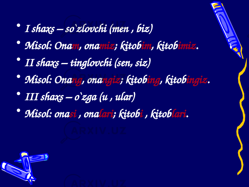 • I shaxs – so`zlovchi (men , biz) • Misol: Ona m , ona miz ; kitob im , kitob imiz . • II shaxs – tinglovchi (sen, siz) • Misol: Ona ng , ona ngiz ; kitob ing , kitob ingiz . • III shaxs – o`zga (u , ular) • Misol: ona si , ona lari ; kitob i , kitob lari . 