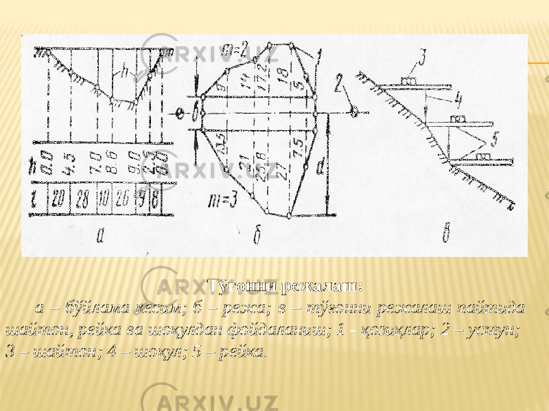  Тўғонни режалаш: а – бўйлама кесим; б – режа; в – тўғонни режалаш пайтида шайтон, рейка ва шоқулдан фойдаланиш; 1 - қозиқлар; 2 – устун; 3 – шайтон; 4 – шоқул; 5 – рейка. 