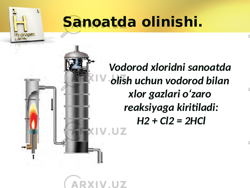 Sanoatda olinishi. Vodorod xloridni sanoatda olish uchun vodorod bilan xlor gazlari o‘zaro reaksiyaga kiritiladi: H2 + Cl2 = 2HCl 