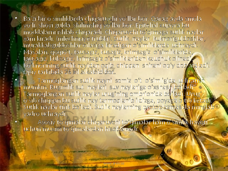 • Ba’zi bir o‘simliklarda chiqaruvchi yo‘llar bor. Qarag‘ayda smola yo‘li, shoyi gulda shilimshiq yo‘llar bor. Epitelial xujayra bu moddalarni ishlab chiqaradi. Chiqaruvchi to‘qimaga sutlik naylar xam kiradi. (mlechn ы ye trubki). Sutlik naylar kuknoriguldoshlar, murakkabguldoshlar oilasiga kiradigan o‘simliklarda uchraydi. Masalan, qoqio‘t, tausagiz, kusagiz, krimsagiz o‘simliklarida, tausagiz, kuksagiz, krimsagiz o‘simliklaridan kauchuk olinadi. Ko‘knorining sutlik nayidan oqib chiqqan shirani opiy deb ataladi. Opiy tarkibida 26 xil alkaloid bor. • Tarmoqlangan sutlik nayni semiz o‘t o‘simligida uchratish mumkin. Bugimlik sut naylari suv naylariga o‘xshash bo‘ladi. Tarmoqlangan sutlik naylar urug‘ning embrionida bo‘ladi. Urug‘ o‘sib chiqqan bu sutlik nay tarmoqlanib ildizga, poyaga o‘tib ketadi. Sutlik naylar tirik bo‘ladi. Sutlik naylarning protoplazmasida minglab yadro uchraydi. • Asosiy to‘qimalar chiqaruvchi to‘qimalar ham o‘simlik hayoti uchun muxim to‘qimalardan hisoblanadi. www.arxiv.uz 